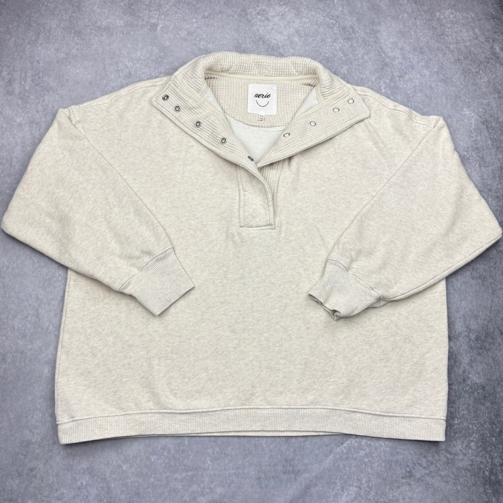 Aerie Womens Medium Cream Oatmeal Waffle Snap Neck Oversized Fleece Sweatshirt
